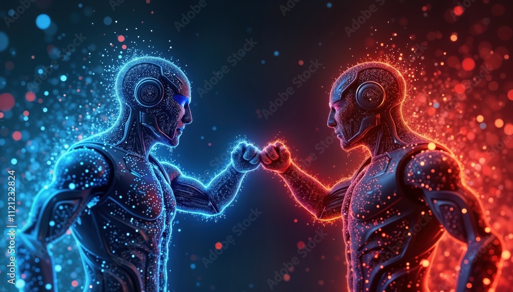Poster Futuristic cyber security showdown. Two tech-advanced figures. Blue, red teams face off. Abstract representations of digital warriors. Conflict in cyberspace. Network defense. AI-generated imagery.