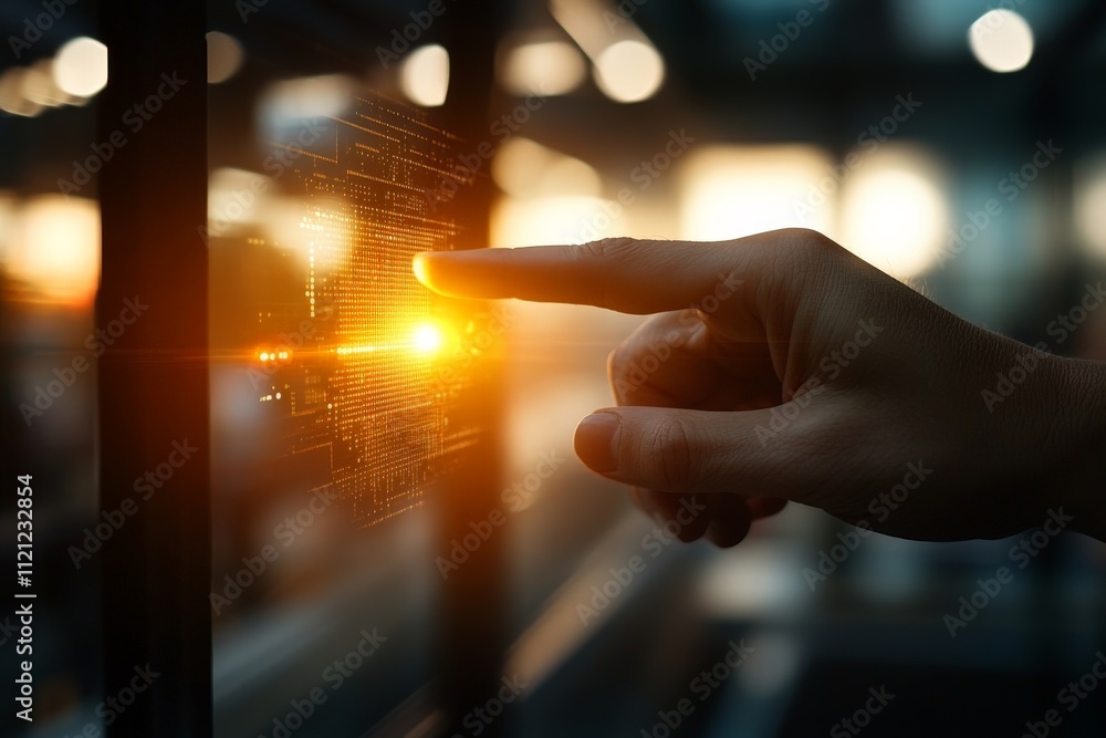 Aufkleber digital interaction with glowing interface at sunset creating a modern atmosphere in a tech environm