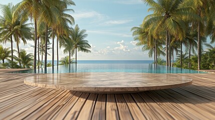 Fototapeta premium A tranquil pool area features a round wooden deck and palm trees, while the calm ocean stretches into the horizon under a clear blue sky