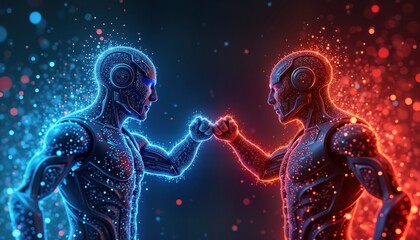 Naklejka premium Futuristic cyber security showdown. Two tech-advanced figures. Blue, red teams face off. Abstract representations of digital warriors. Conflict in cyberspace. Network defense. AI-generated imagery.