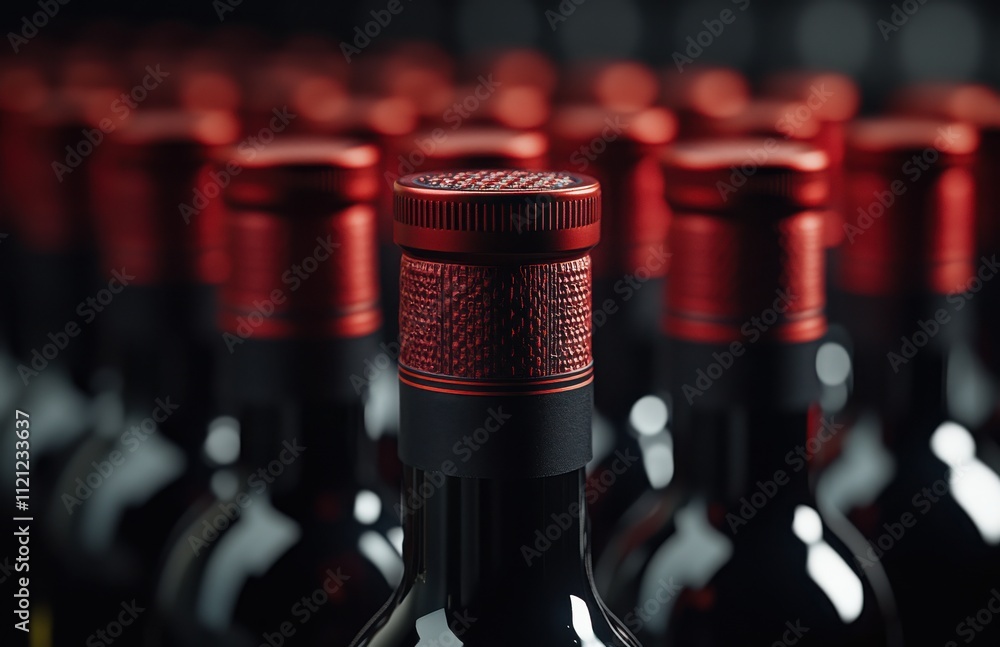 Poster close-up view of elegant wine bottles with red foil caps arranged in a row, perfect for showcasing t