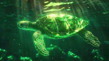 Obraz premium Swimming green turtle in underwater environment nature scene digital art perspective for seo