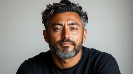 Obraz premium A man with a well-groomed beard and curly hair sits calmly, exuding confidence. He wears a black shirt and gazes directly, creating an engaging visual