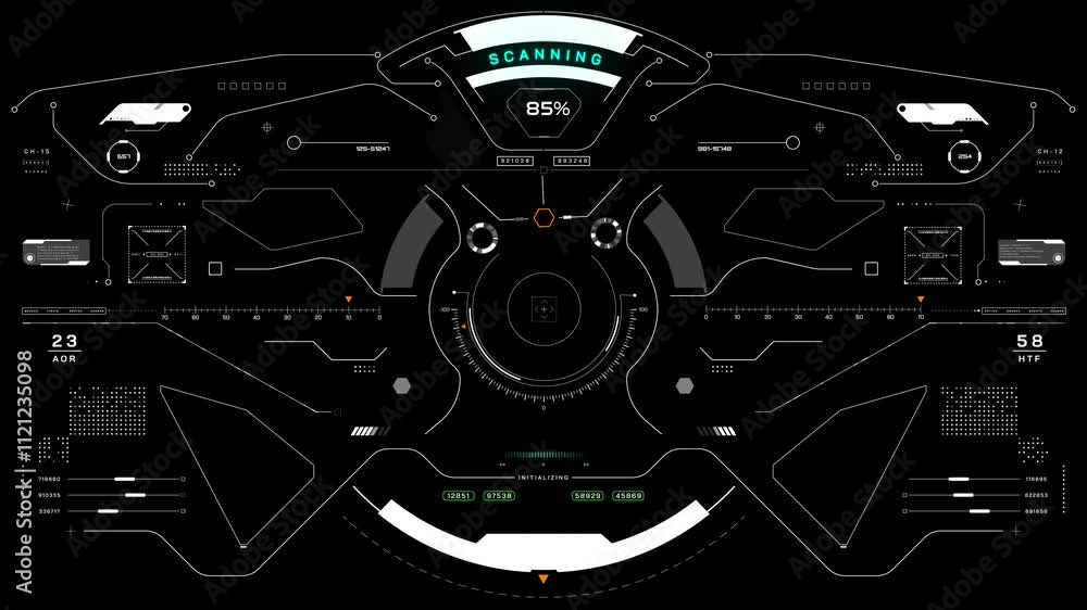 Poster HUD interface monitoring screen viewfinder system frame. Virtual reality dynamic control data simulation 4K motion.