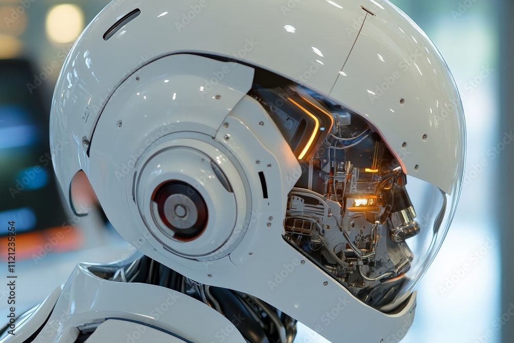 Aufkleber futuristic robotic head showcasing advanced technology and intricate details in a modern setting
