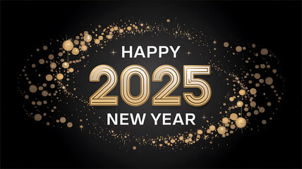 Happy New Year's lights golden and dark gold colors bokeh background with glowing number 2025 and fireworks.