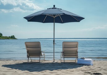 Cozy Beach Chairs Under a Large Umbrella with Soft Sand and Calm Waters in the Background, Creating a Perfect Relaxation Spot for Summer Days