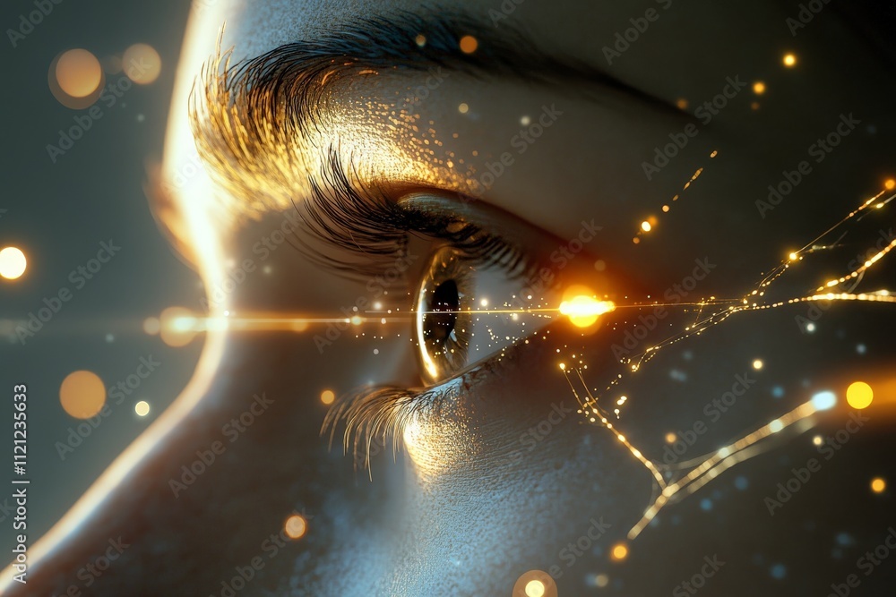 Poster close-up of an eye with glowing details representing technology and creativity during twilight