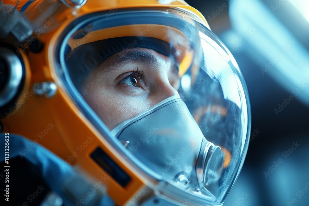 Poster aspiring astronaut observes space through helmet interface during training session at space center f