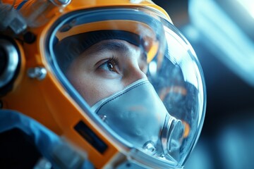 Aspiring astronaut observes space through helmet interface during training session at space center facility