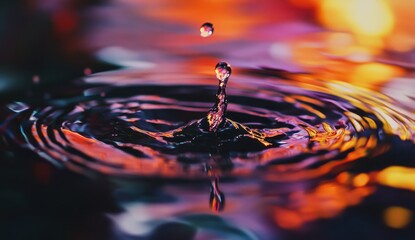 Dazzling Water Drop Splashing on Colorful Surface Creating Ripple Effects and Vivid Reflections Ideal for Artistic and Abstract Visuals