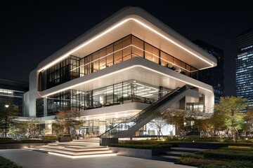 Obraz premium Modern architectural building illuminated at night with stylish design and landscape in a city setting