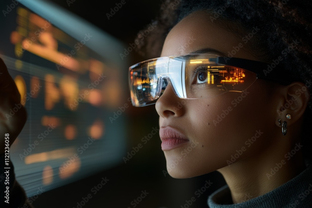 Poster young woman engages with digital display using smart glasses while analyzing data in a tech setting 
