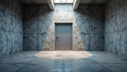 Fototapeta premium Empty modern industrial interior with concrete floor, walls. Closed door. Empty space suitable for product display. Modern warehouse industrial building. Suitable for displaying goods in commercial
