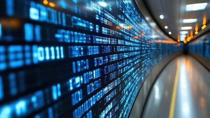 A digital tunnel features bright displays of flowing data patterns on the walls. The modern design creates an immersive atmosphere, highlighting technology