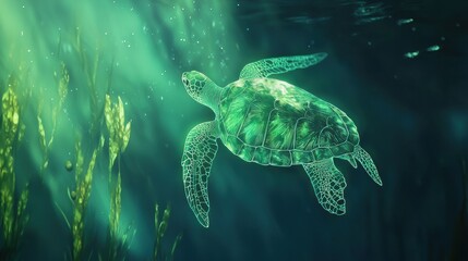 Fototapeta premium Graceful sea turtle swimming in vibrant ocean waters nature photography underwater scene