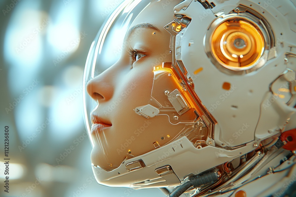 Poster futuristic humanoid robot with intricate design in a high-tech environment