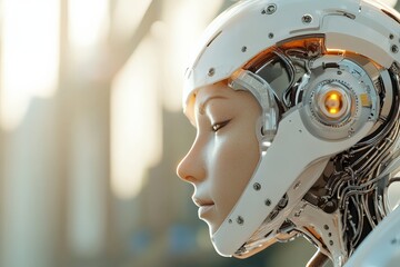 Fototapeta premium Advanced humanoid robot showcasing intricate design and features in a futuristic setting