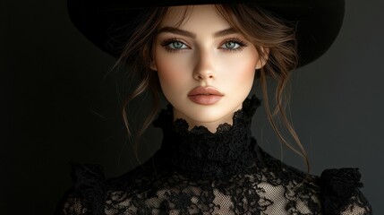 A woman with striking green eyes poses elegantly in a black lace dress and wide-brimmed hat. The soft lighting enhances her features, creating a captivating atmosphere
