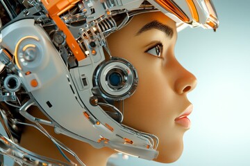 Fototapeta premium Futuristic portrait of a young person with advanced robotic helmet design and intricate circuitry features
