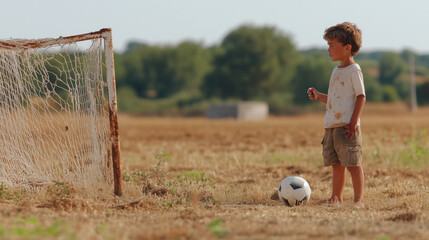 young boy stands in empty field, gazing at soccer ball near goal