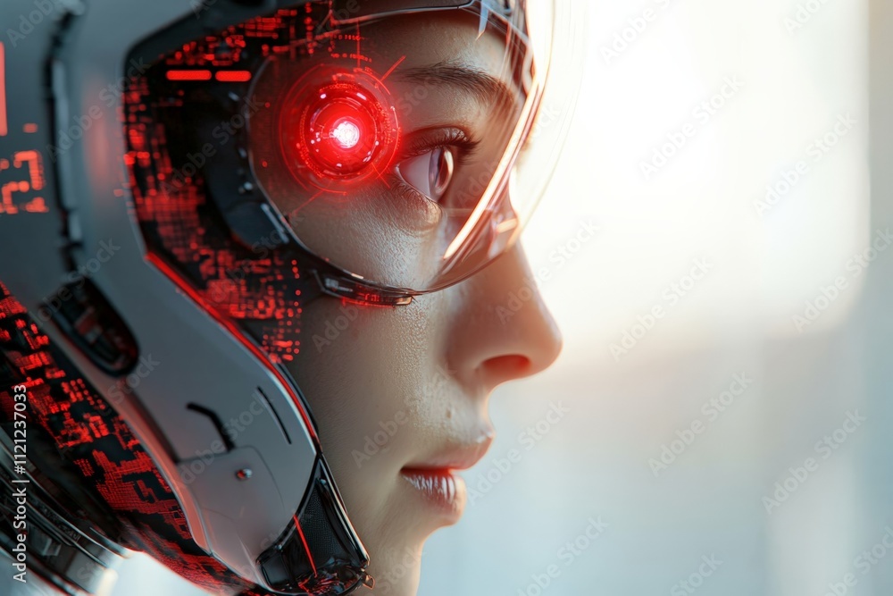 Aufkleber advanced robotic figure with a glowing eye gazes toward a futuristic background illuminated by soft 