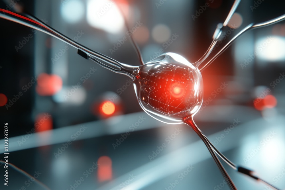 Poster advanced neuron model showcasing intricate connections and glowing nodes in a futuristic laboratory 