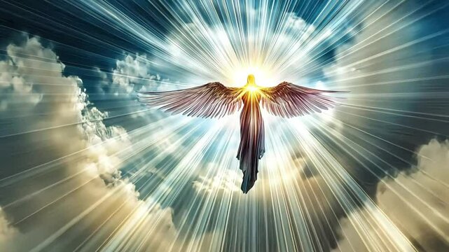 A peaceful scene of a bright, glowing angel hovering in a cloud filled sky, with soft rays of light shining down from above.
