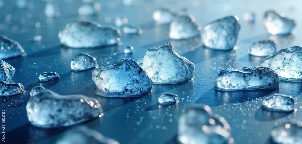 Poster Closeup view of melting ice crystals. Ice pieces sit on dark blue surface. Water droplets create pattern, texture on surface. Clear ice shapes visible. Lighting creates shimmering effect. Macro shot