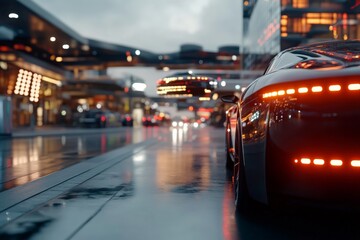 Naklejka premium Nighttime city street with futuristic cars reflecting in wet pavement showcasing modern urban life and technology