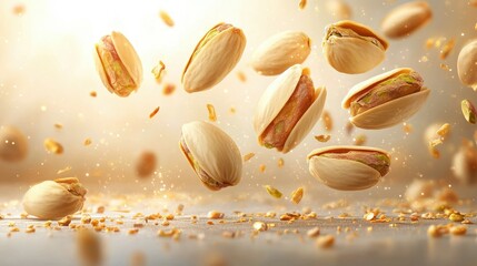 Pistachios are shown in mid-air, with their shells partially opened, surrounded by scattered bits of nuts and a warm, shimmering background, creating an energetic atmosphere