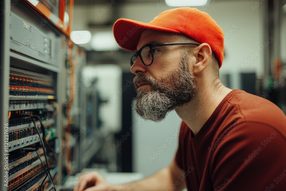Poster man in red cap working on computer server equipment in a data center during the day