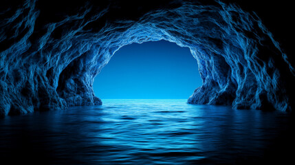 The Cave's Mouth: A mystical and enigmatic cave entrance opens to reveal a deep blue sea, hinting at hidden depths and unexplored wonders.