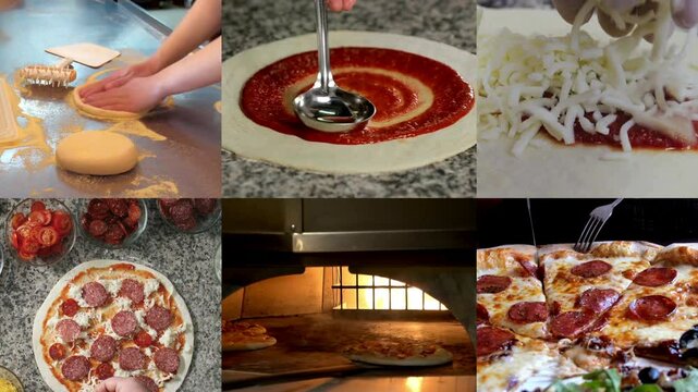 Pizza making process including preparing dough, rolling it out, spreading sauce, adding cheese and other ingredients as toppings, placing it in a wood-fired oven to bake, then slicing and serving