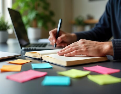 Person writes in notebook surrounded by colorful sticky notes on desk. Creative workspace suggests brainstorming session for project planning task management. Hands writing in agenda. Ideas,