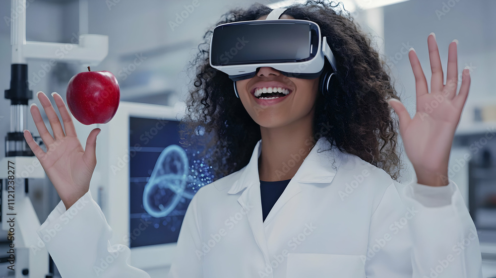 Poster happy scientist uses vr headset to examine a virtual red apple in a lab.