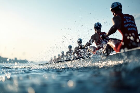 Competitive rowing team practices during golden hour on a calm water surface