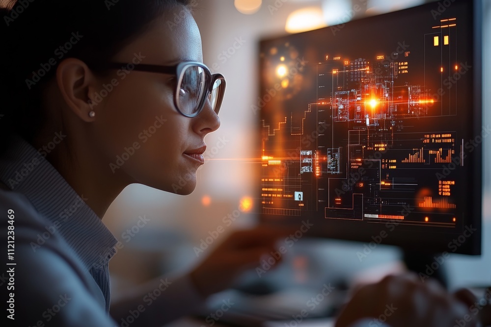 Poster focused professional analyzes data on computer screen in a modern office setting during the day