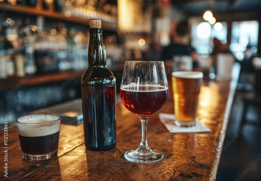 Poster elegant glass and bottles of craft beverages on a rustic bar counter with soft lighting creating a w