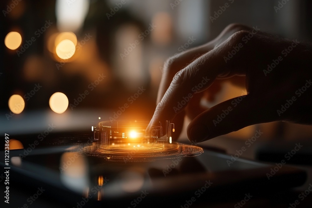Aufkleber engaging with digital technology at home during evening hours with a glowing interface and soft ligh