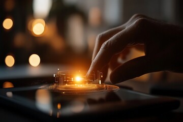 Naklejka premium Engaging with digital technology at home during evening hours with a glowing interface and soft lighting