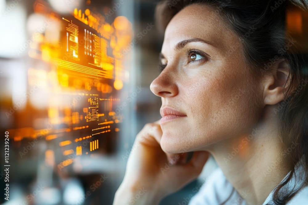 Aufkleber woman engaged in deep thought while analyzing digital data in a modern workspace during daytime