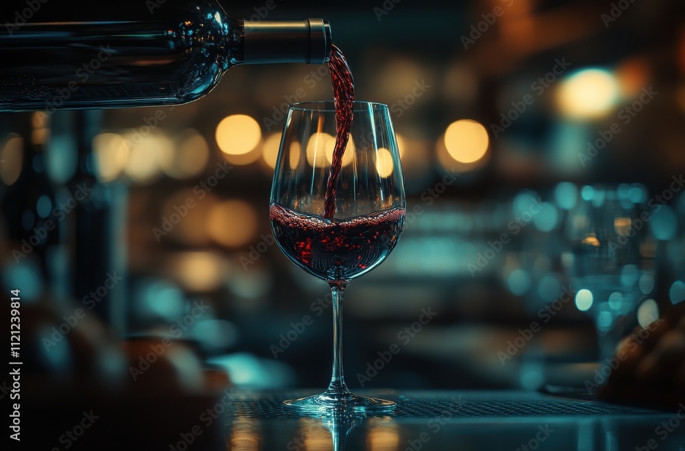 Poster elegant pouring of red wine into a crystal glass with soft bokeh background in a cozy bar setting, c