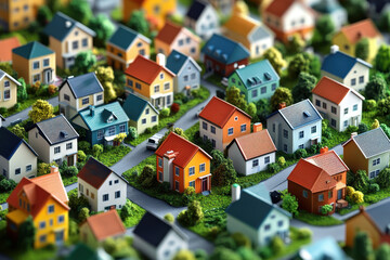 Colorful miniature houses in a vibrant neighborhood, showcasing a variety of architectural styles and lush greenery, creating a whimsical and charming community atmosphere.