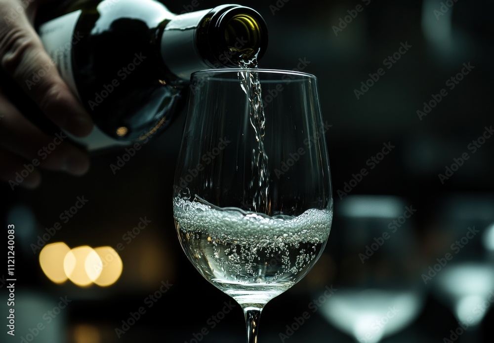 Poster elegant pouring of sparkling wine into a crystal glass creating mesmerizing bubbles in an atmospheri