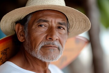 Elderly man wearing straw hat gazes thoughtfully while holding a colorful surfboard at a beach location
