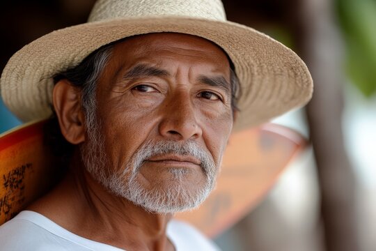 Elderly man wearing straw hat gazes thoughtfully while holding a colorful surfboard at a beach location - Powered by Adobe