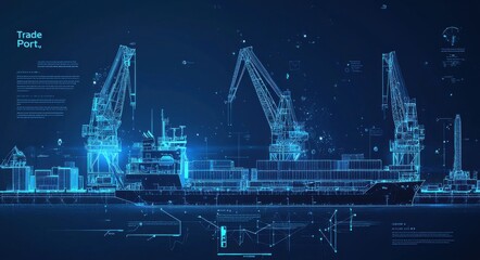 Wireframe illustration of futuristic trade port with cranes and ship