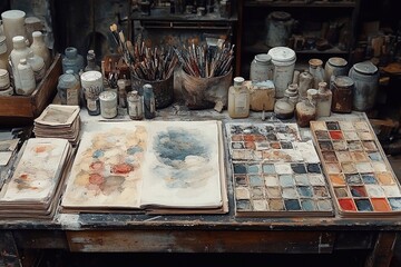 Obraz premium On the table are dice, paints for drawing, blank sheets of paper and those that already have an artist's drawing on them.