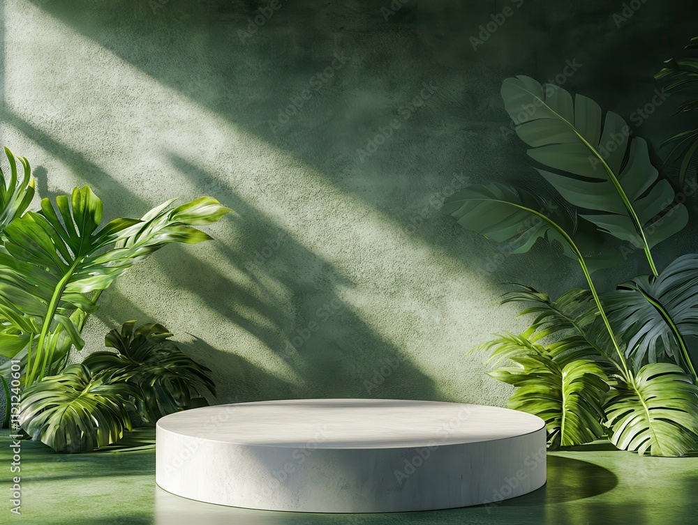 Poster elegant round display platform surrounded by lush greenery and soft sunlight in a modern botanical s